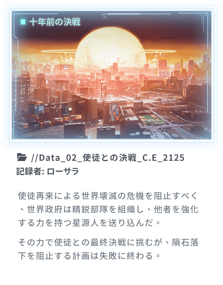 使徒再来による世界壊滅の危機を阻止すべく、世界政府は精鋭部隊を組織し、他者を強化する力を持つ星源人を送り込んだ。その力で使徒との最終決戦に挑むが、隕石落下を阻止する計画は失敗に終わる。