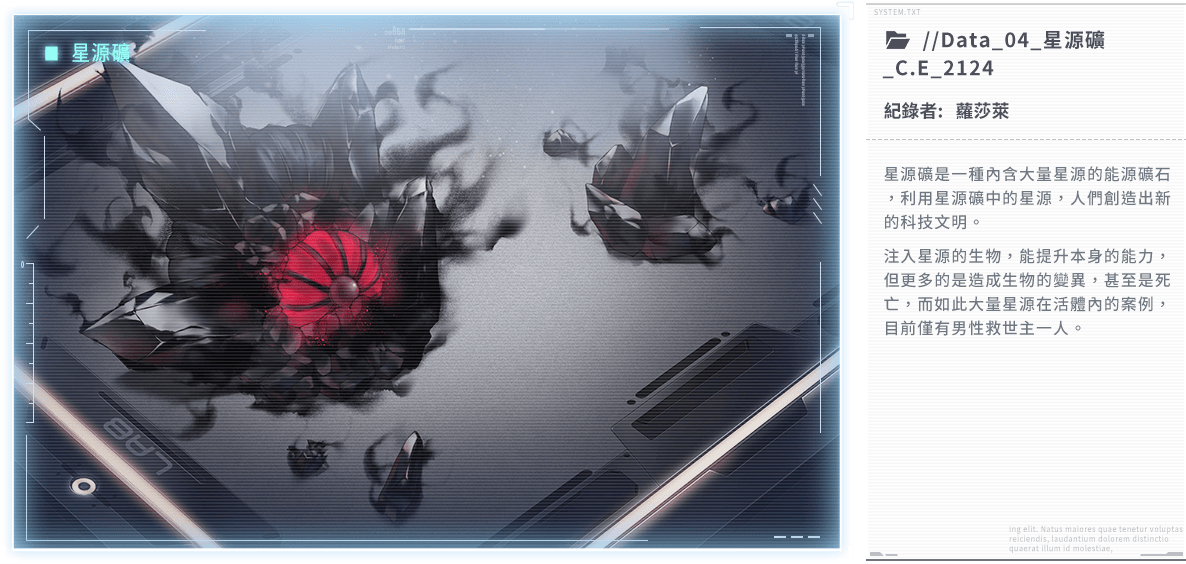 星源礦是一種內含大量星源的能源礦石，利用星源礦中的星源，人們創造出新的科技文明。注入星源的生物，能提升本身的能力，但更多的是造成生物的變異，甚至是死亡，而如此大量星源在活體內的案例，目前僅有男性救世主一人。