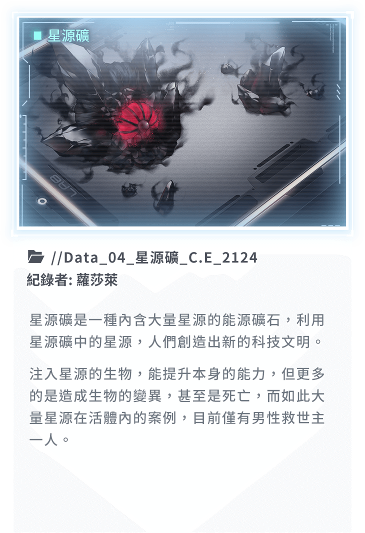 星源礦是一種內含大量星源的能源礦石，利用星源礦中的星源，人們創造出新的科技文明。注入星源的生物，能提升本身的能力，但更多的是造成生物的變異，甚至是死亡，而如此大量星源在活體內的案例，目前僅有男性救世主一人。